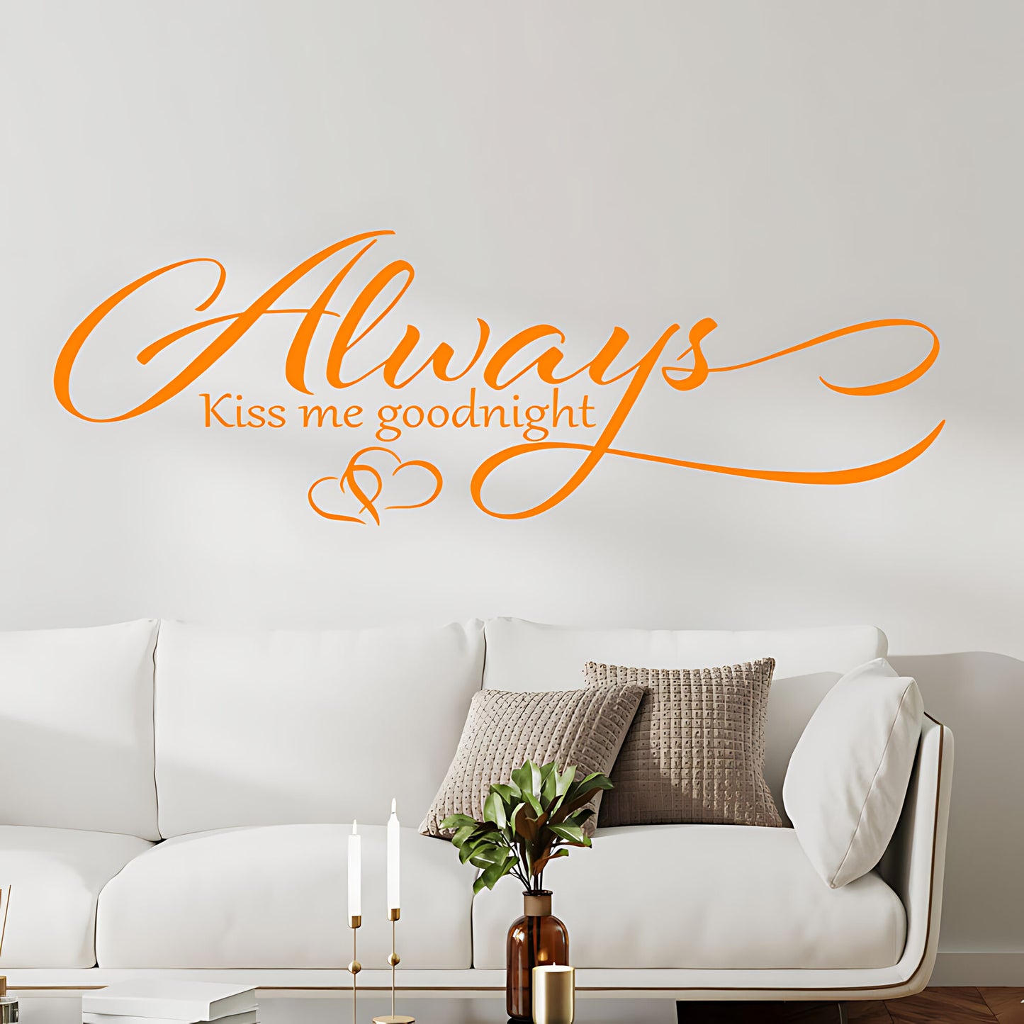 Always Kiss Me Goodnight Wall Sticker – Cursive Script Hearts Bedroom Decal