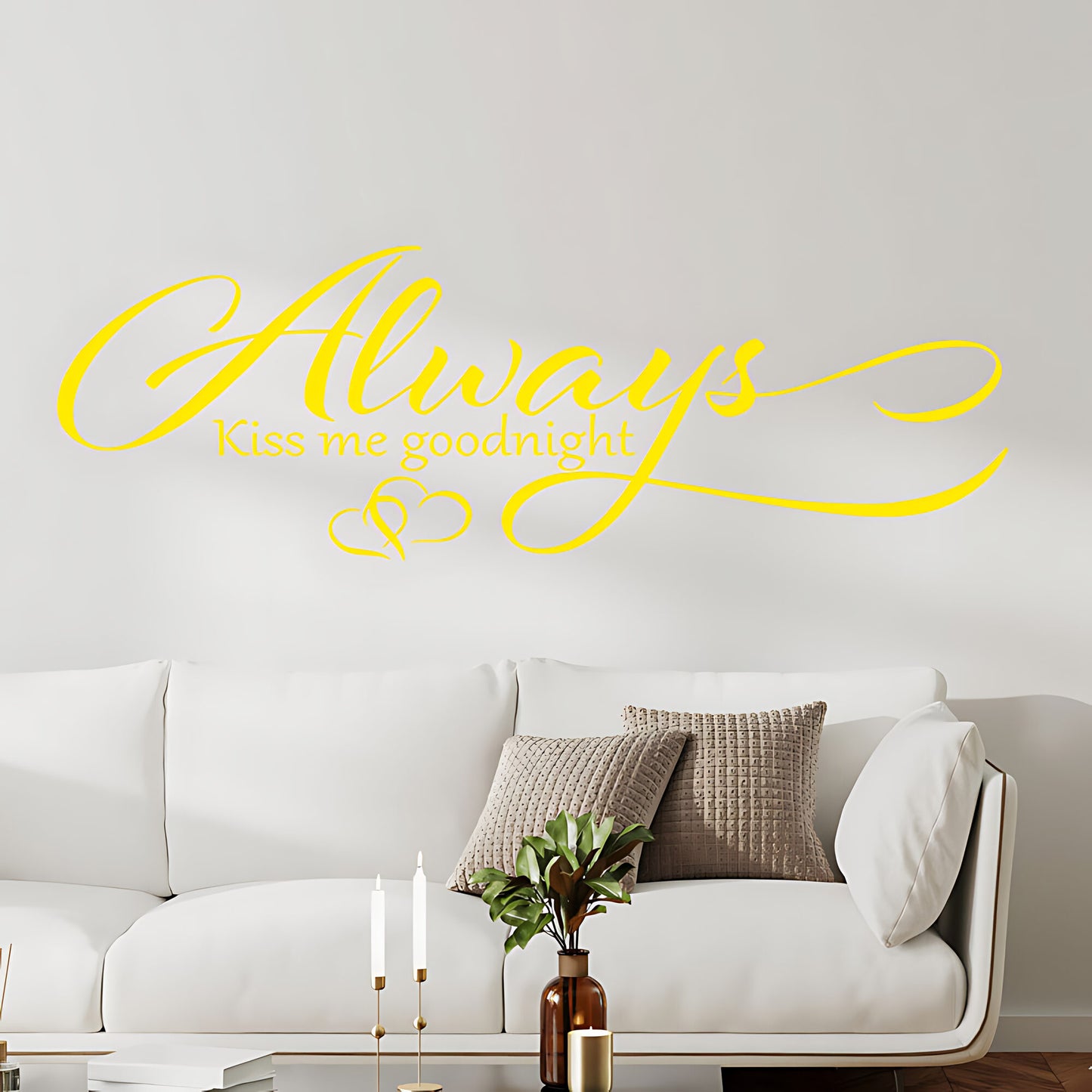 Always Kiss Me Goodnight Wall Sticker – Cursive Script Hearts Bedroom Decal