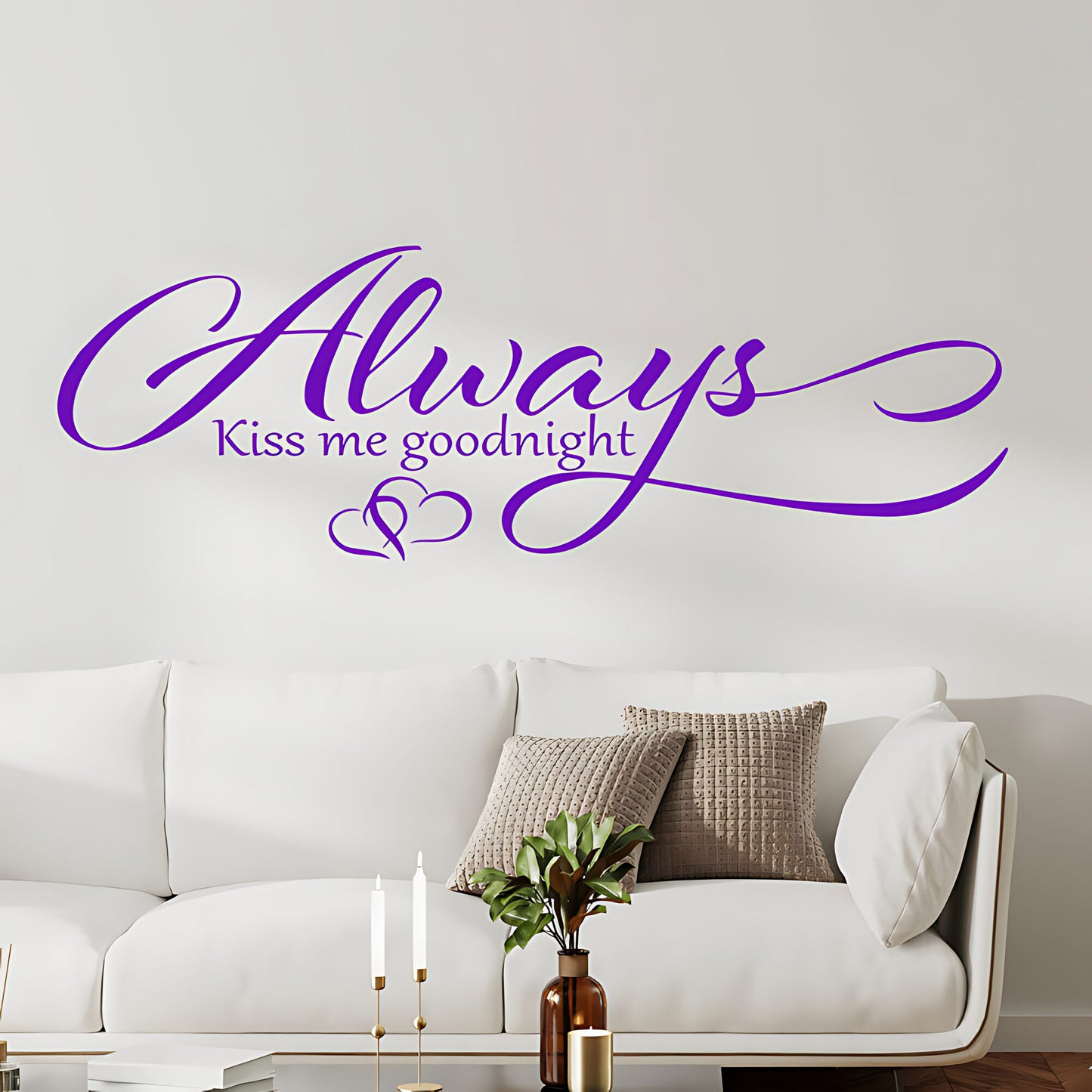 Always Kiss Me Goodnight Wall Sticker – Cursive Script Hearts Bedroom Decal