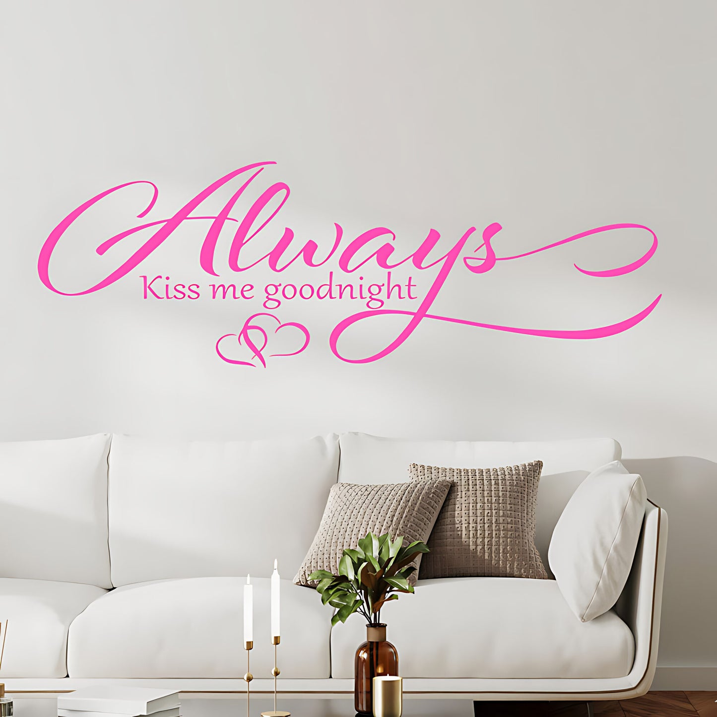 Always Kiss Me Goodnight Wall Sticker – Cursive Script Hearts Bedroom Decal