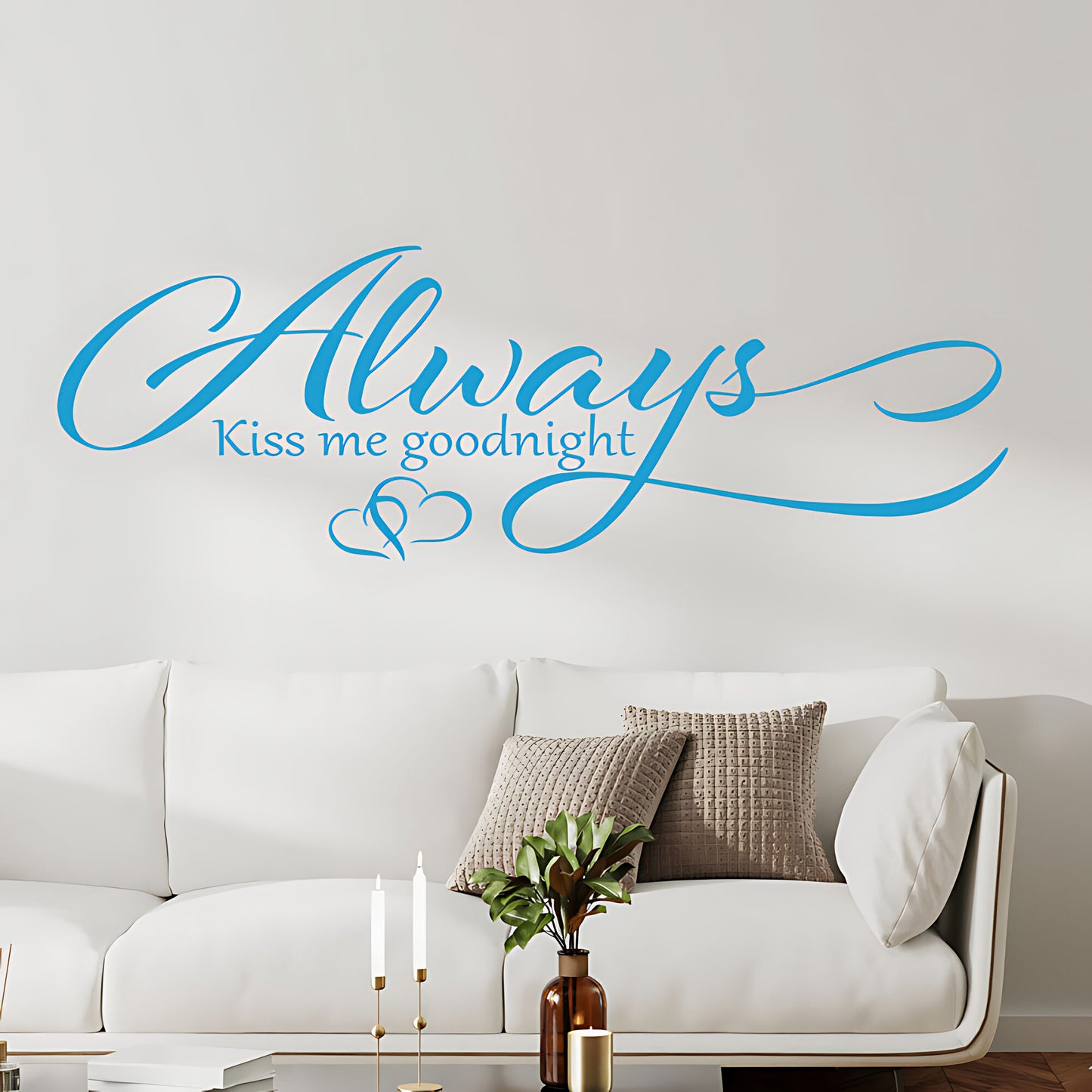 Always Kiss Me Goodnight Wall Sticker – Cursive Script Hearts Bedroom Decal