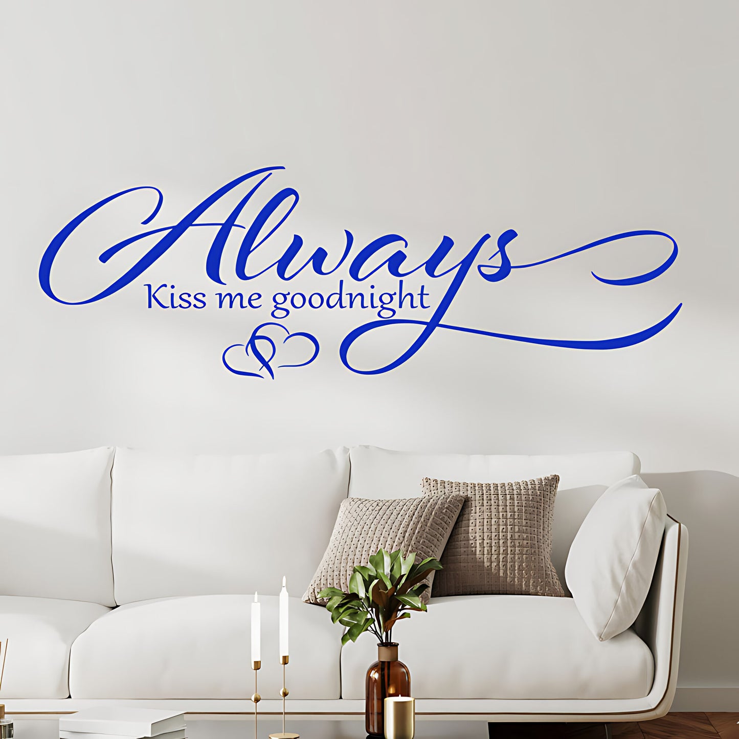 Always Kiss Me Goodnight Wall Sticker – Cursive Script Hearts Bedroom Decal