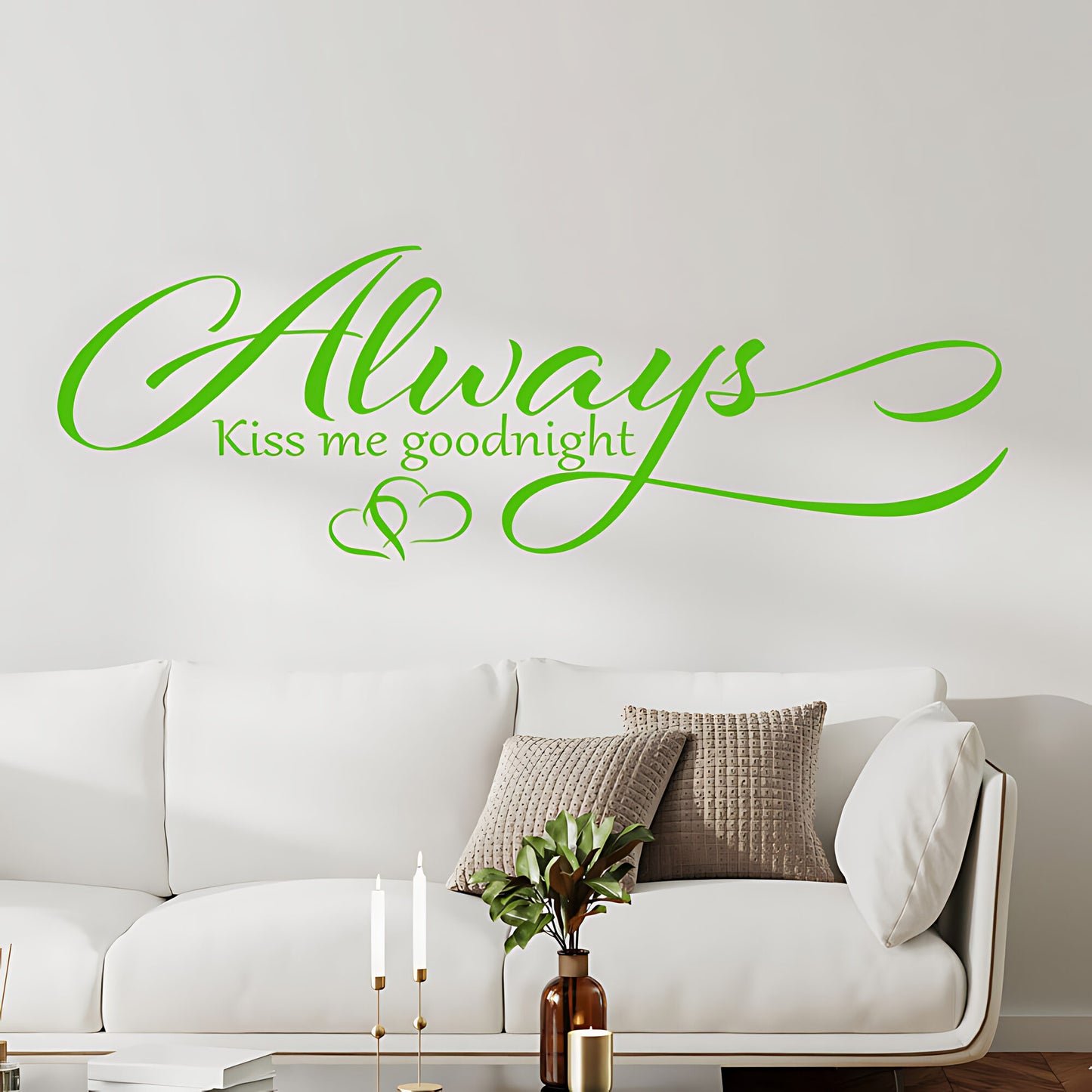 Always Kiss Me Goodnight Wall Sticker – Cursive Script Hearts Bedroom Decal
