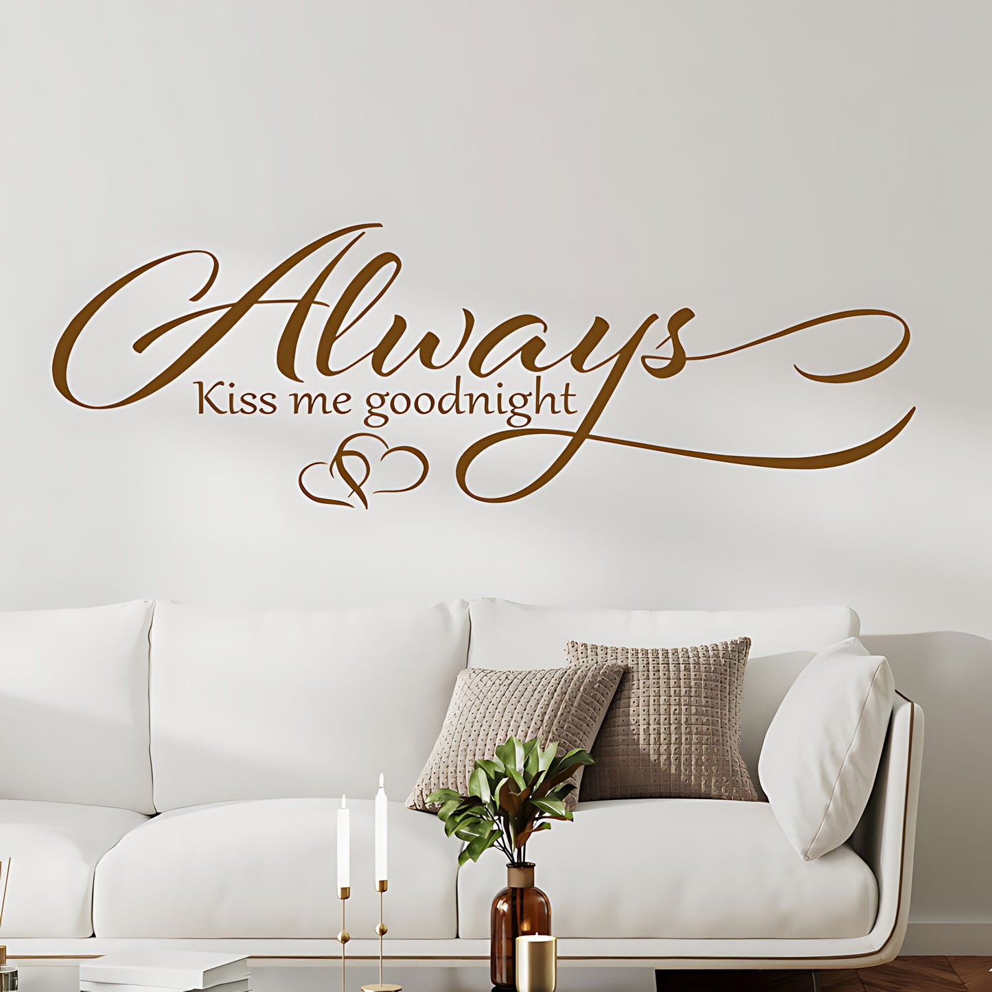 Always Kiss Me Goodnight Wall Sticker – Cursive Script Hearts Bedroom Decal