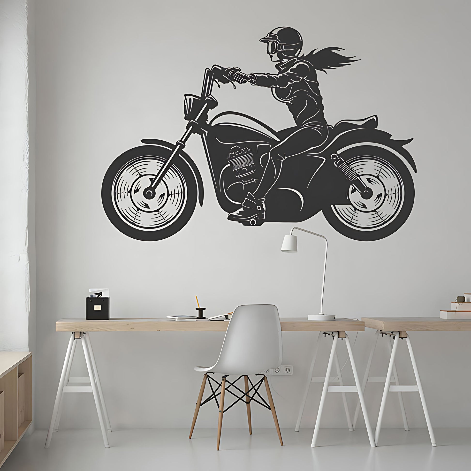 Female Motorbike Rider Wall Sticker – Woman on Classic Motorcycle Decal