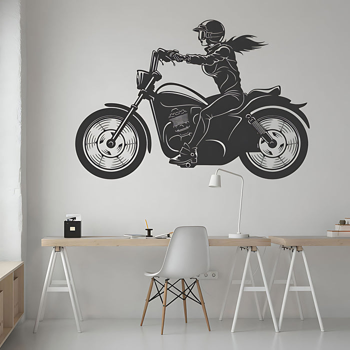 Female Motorbike Rider Wall Sticker – Woman on Classic Motorcycle Decal