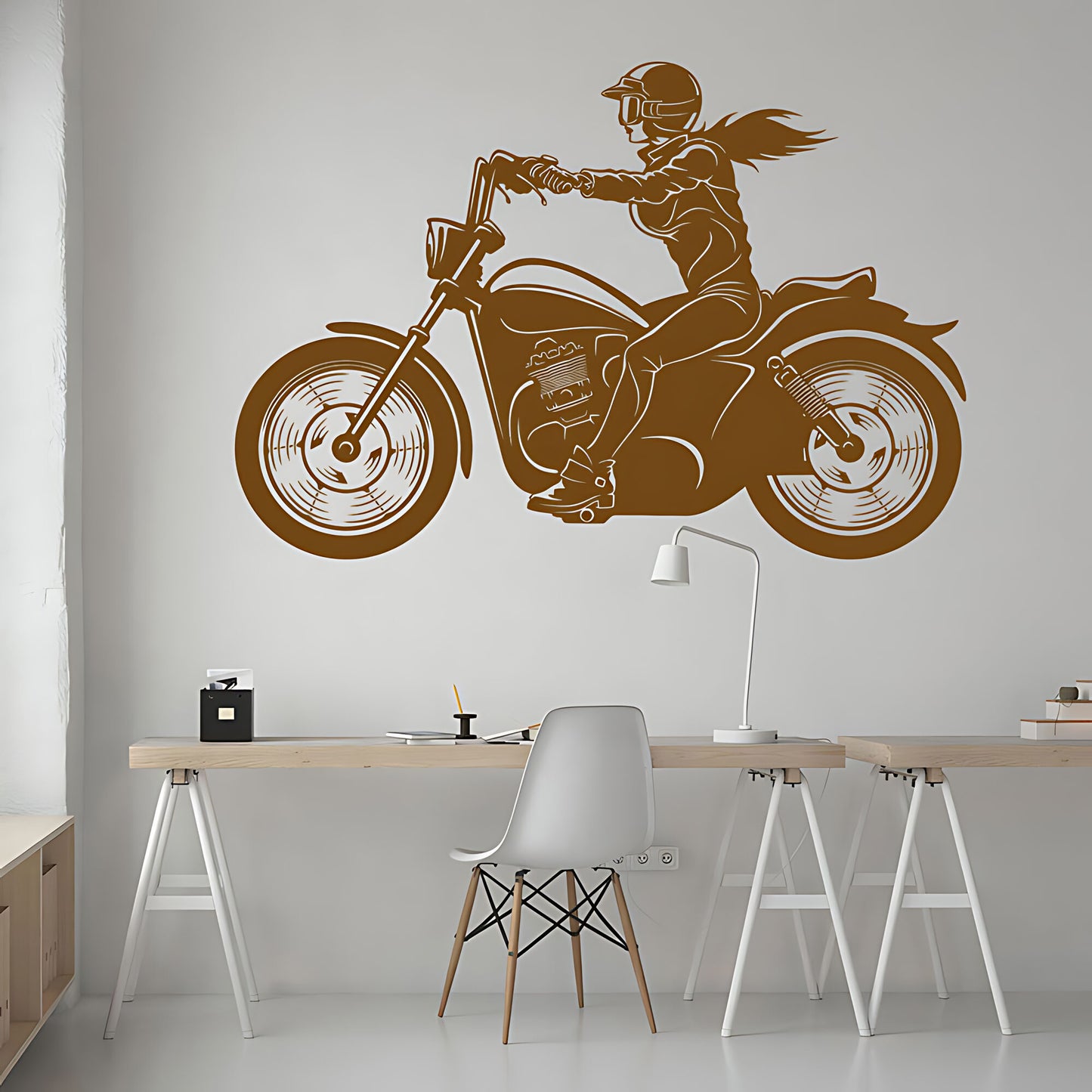 Female Motorbike Rider Wall Sticker – Woman on Classic Motorcycle Decal