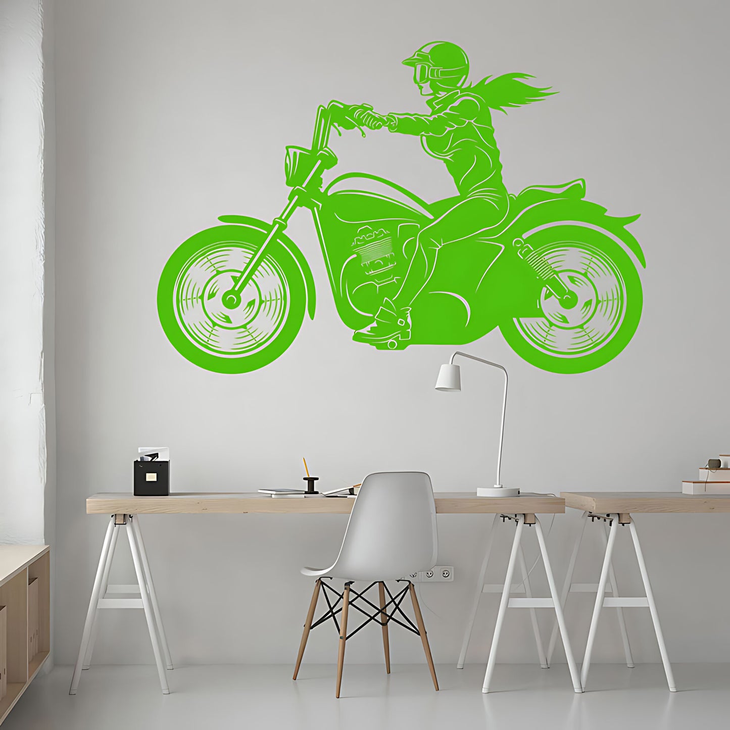 Female Motorbike Rider Wall Sticker – Woman on Classic Motorcycle Decal