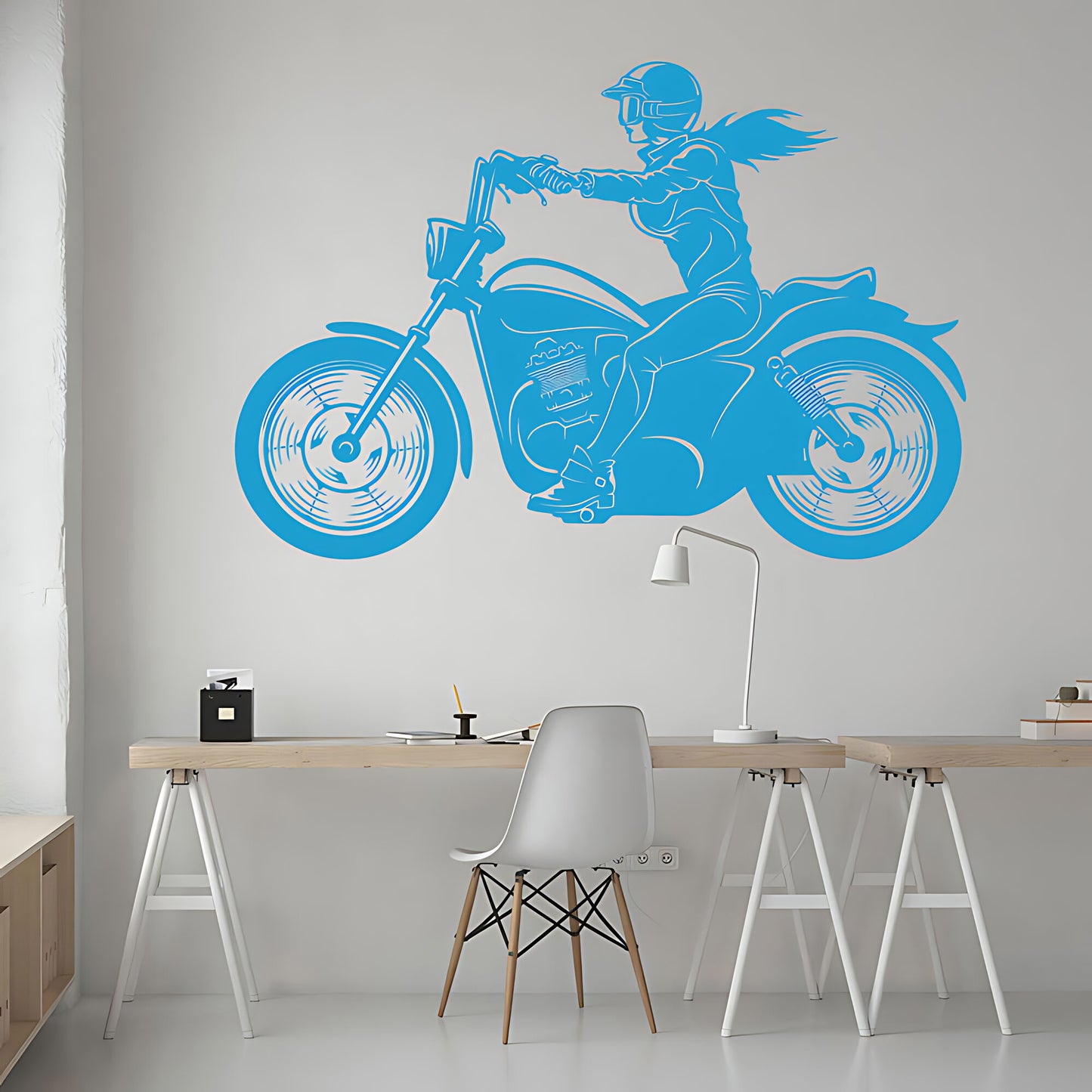 Female Motorbike Rider Wall Sticker – Woman on Classic Motorcycle Decal