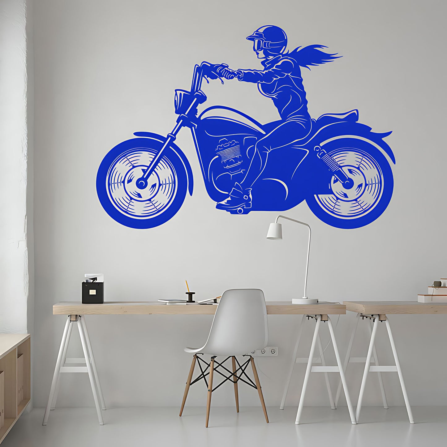 Female Motorbike Rider Wall Sticker – Woman on Classic Motorcycle Decal