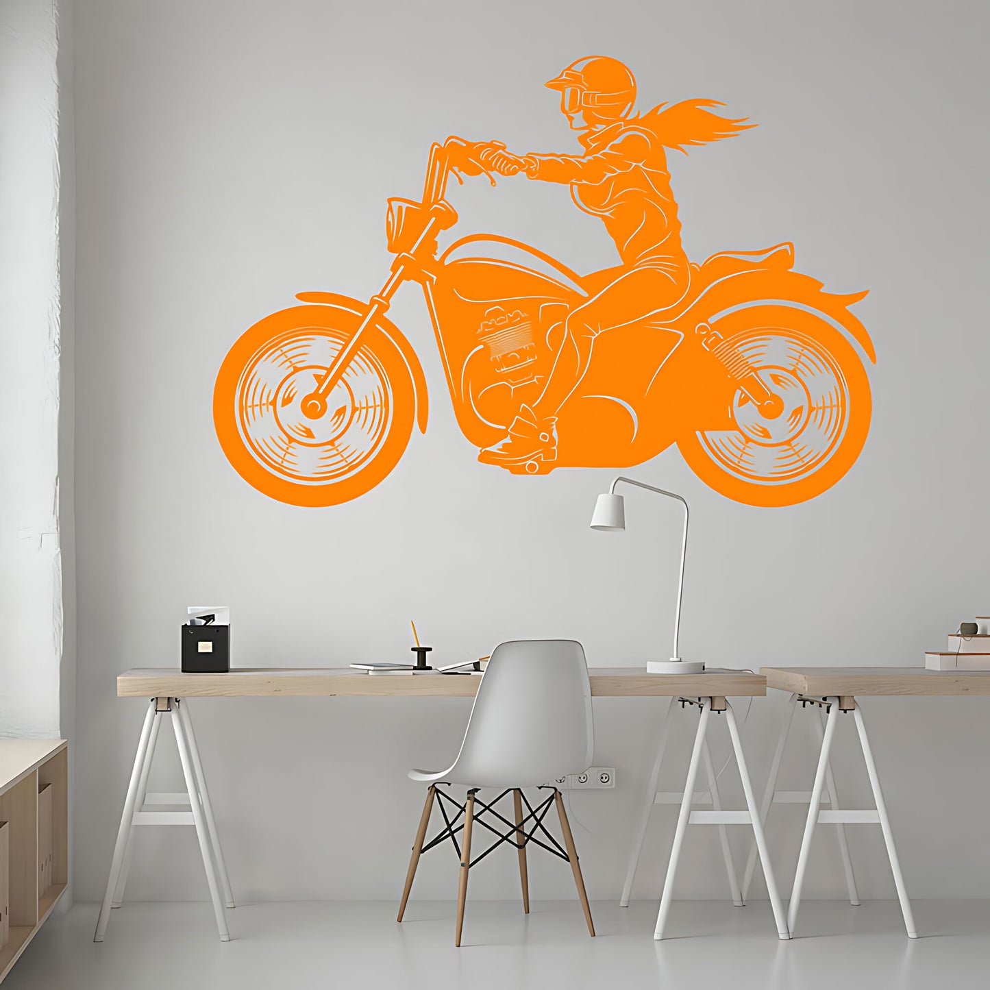 Female Motorbike Rider Wall Sticker – Woman on Classic Motorcycle Decal