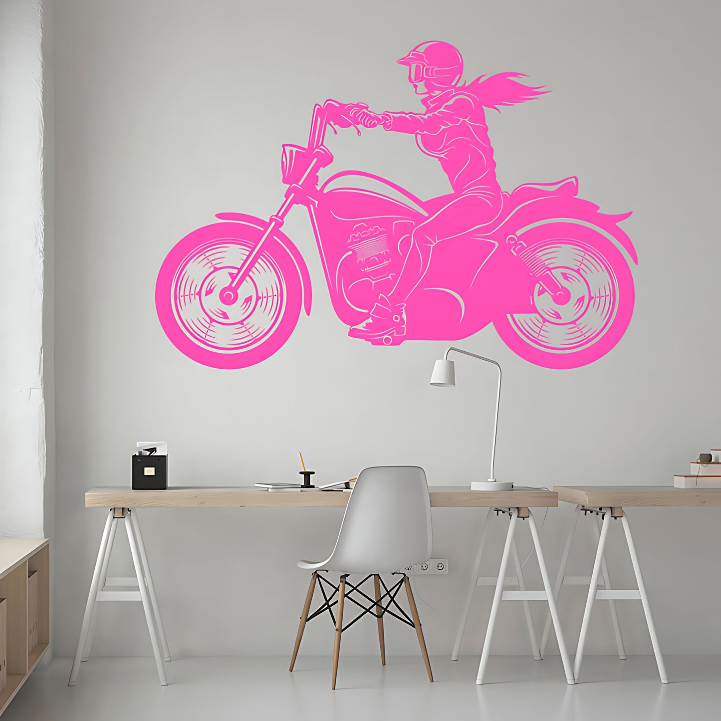 Female Motorbike Rider Wall Sticker – Woman on Classic Motorcycle Decal