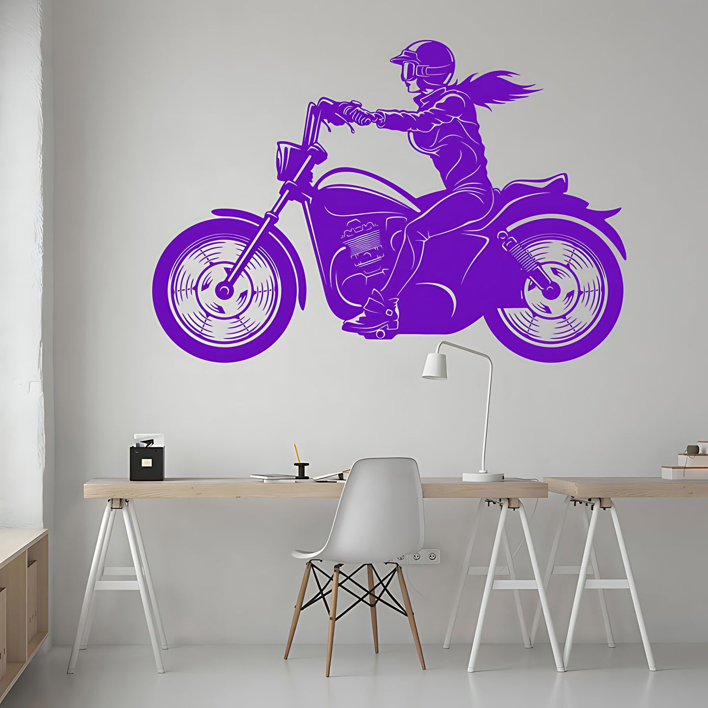 Female Motorbike Rider Wall Sticker – Woman on Classic Motorcycle Decal