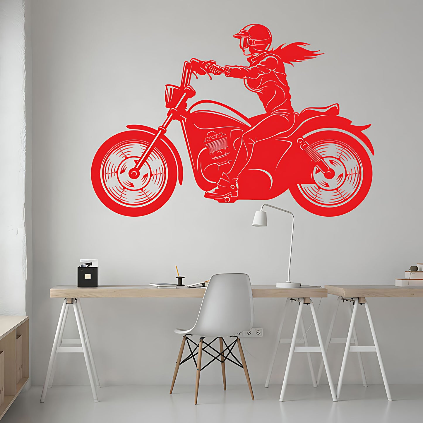Female Motorbike Rider Wall Sticker – Woman on Classic Motorcycle Decal