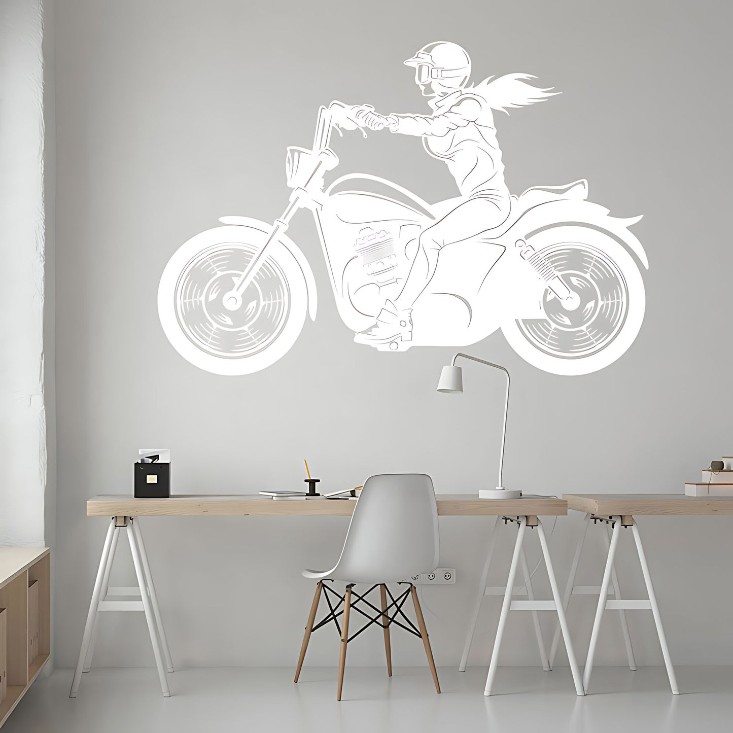 Female Motorbike Rider Wall Sticker – Woman on Classic Motorcycle Decal