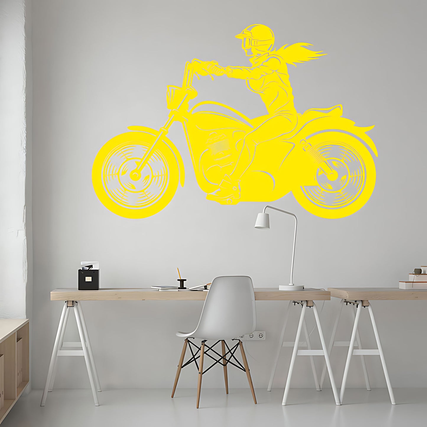 Female Motorbike Rider Wall Sticker – Woman on Classic Motorcycle Decal