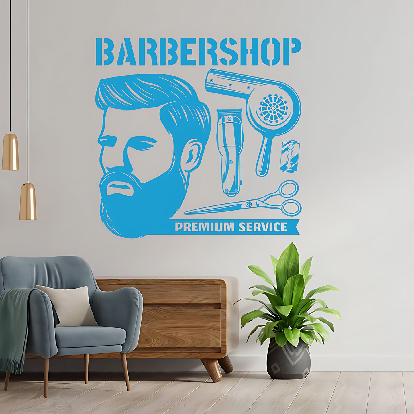 Custom Barbershop Wall Decal – Skull Bowler Hat & Straight Razors