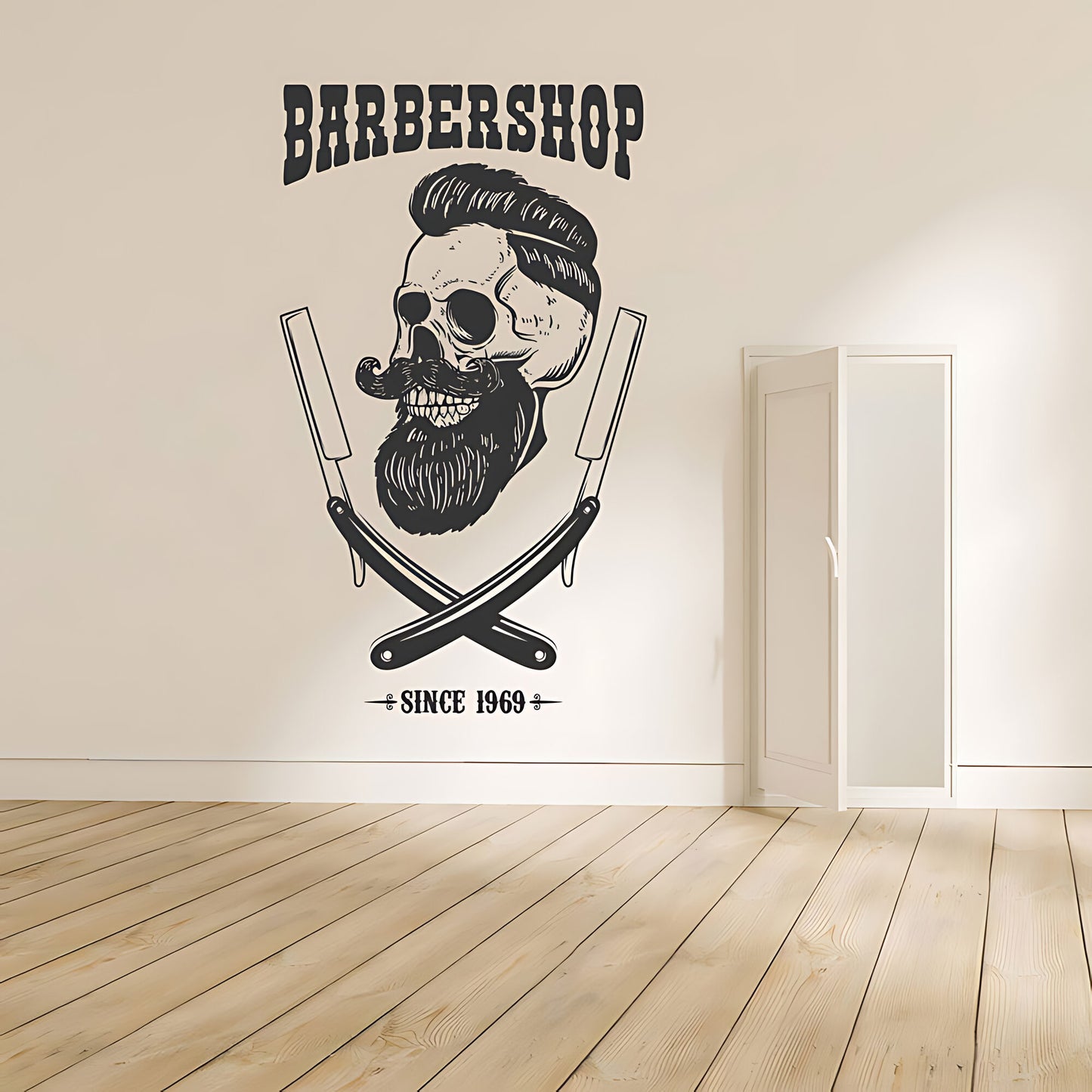 Barbershop Premium Service Wall Sticker – Bearded Man with Tools