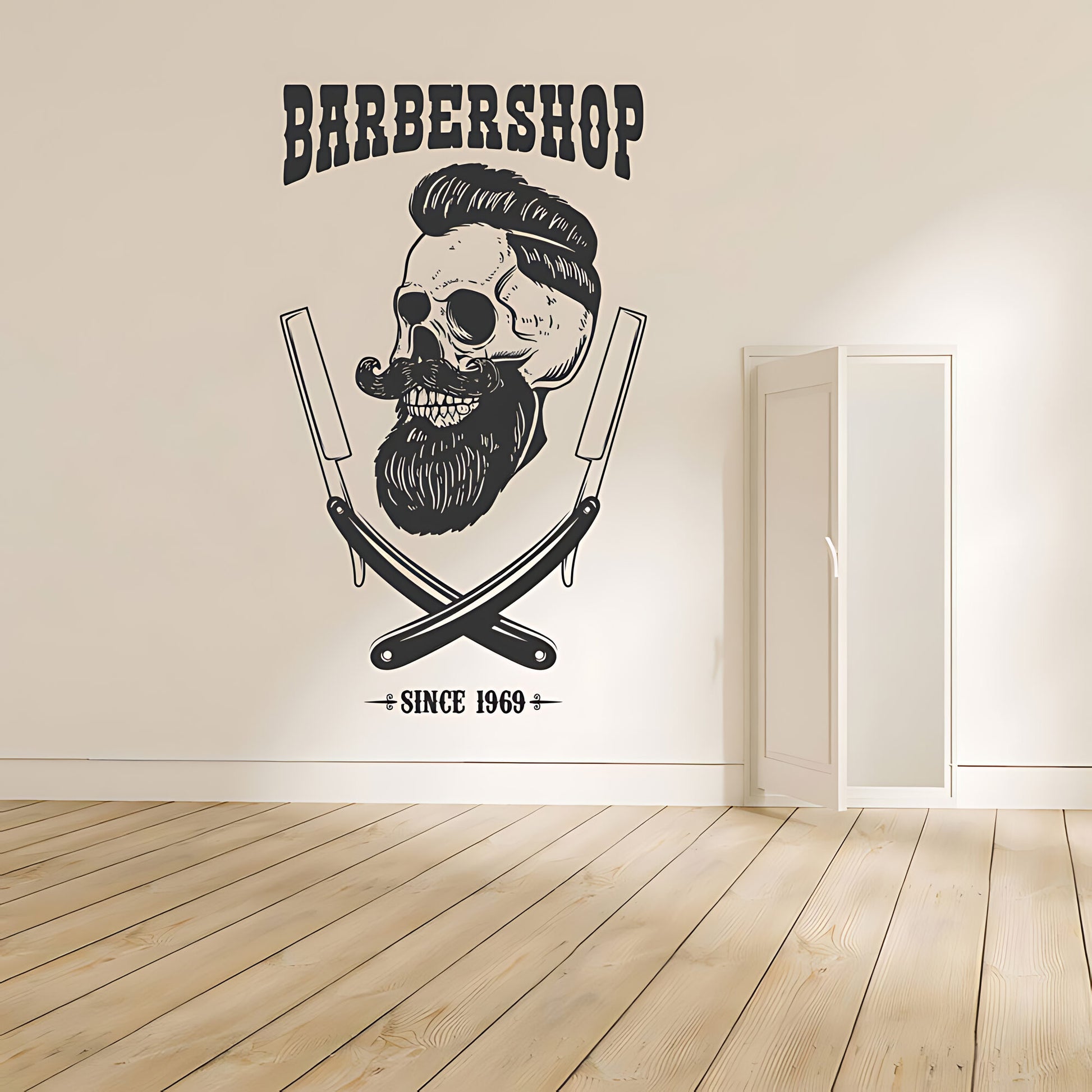Barbershop Premium Service Wall Sticker – Bearded Man with Tools