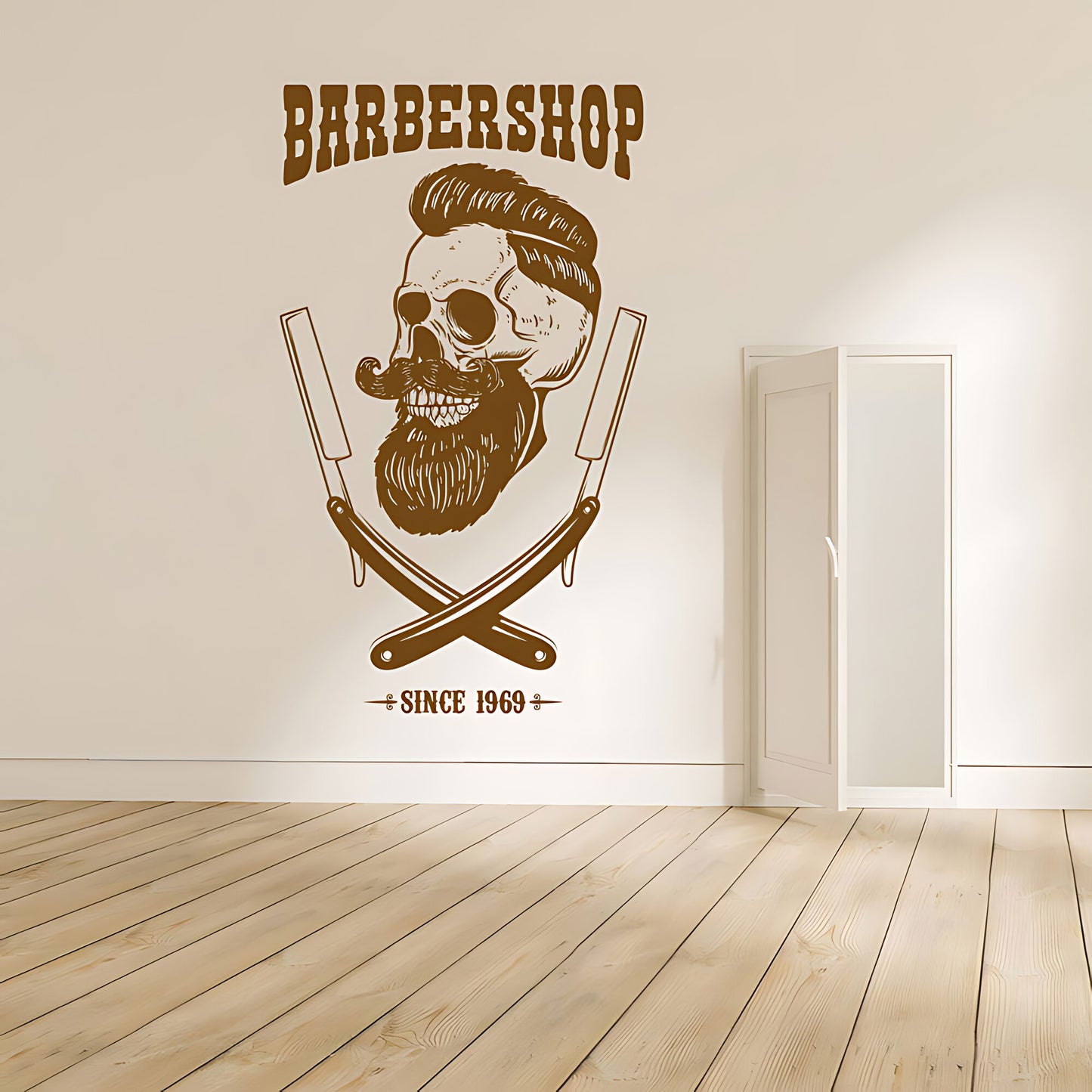 Barbershop Premium Service Wall Sticker – Bearded Man with Tools