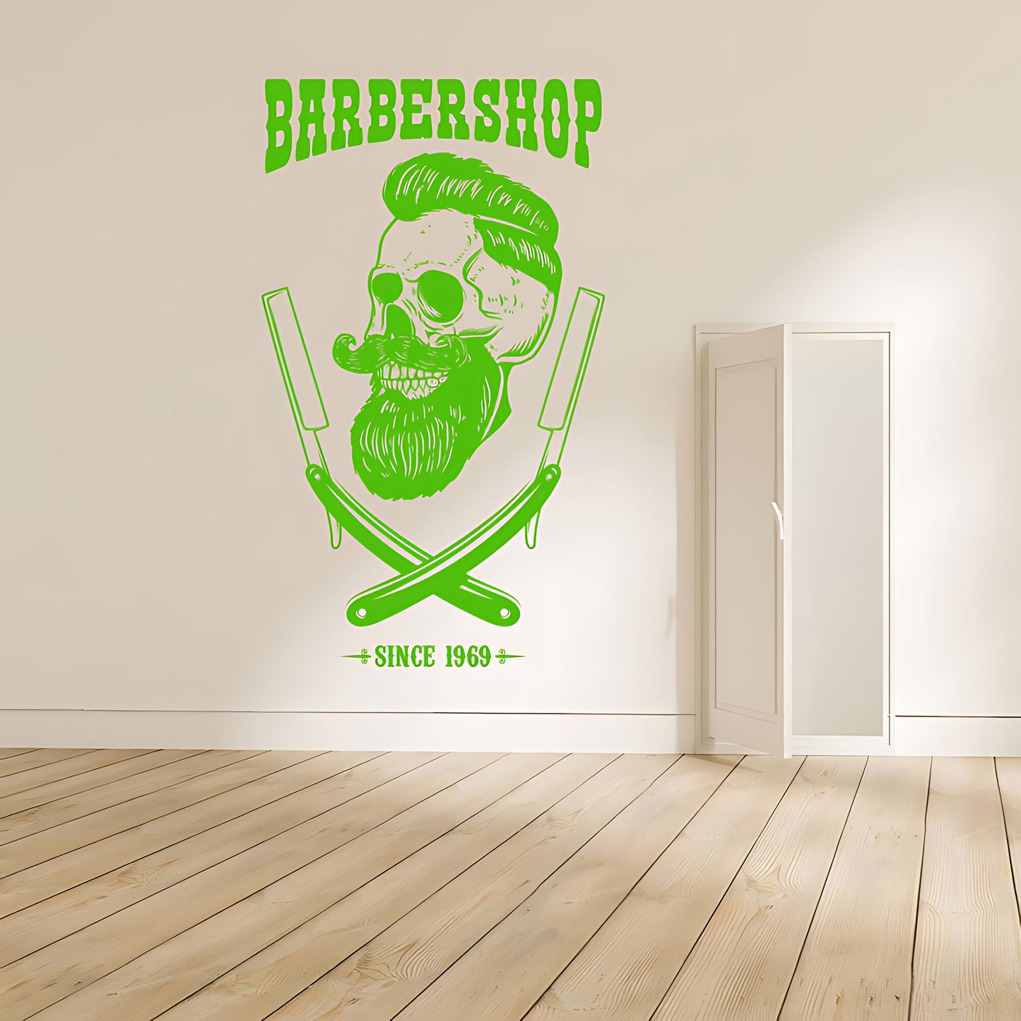 Barbershop Premium Service Wall Sticker – Bearded Man with Tools