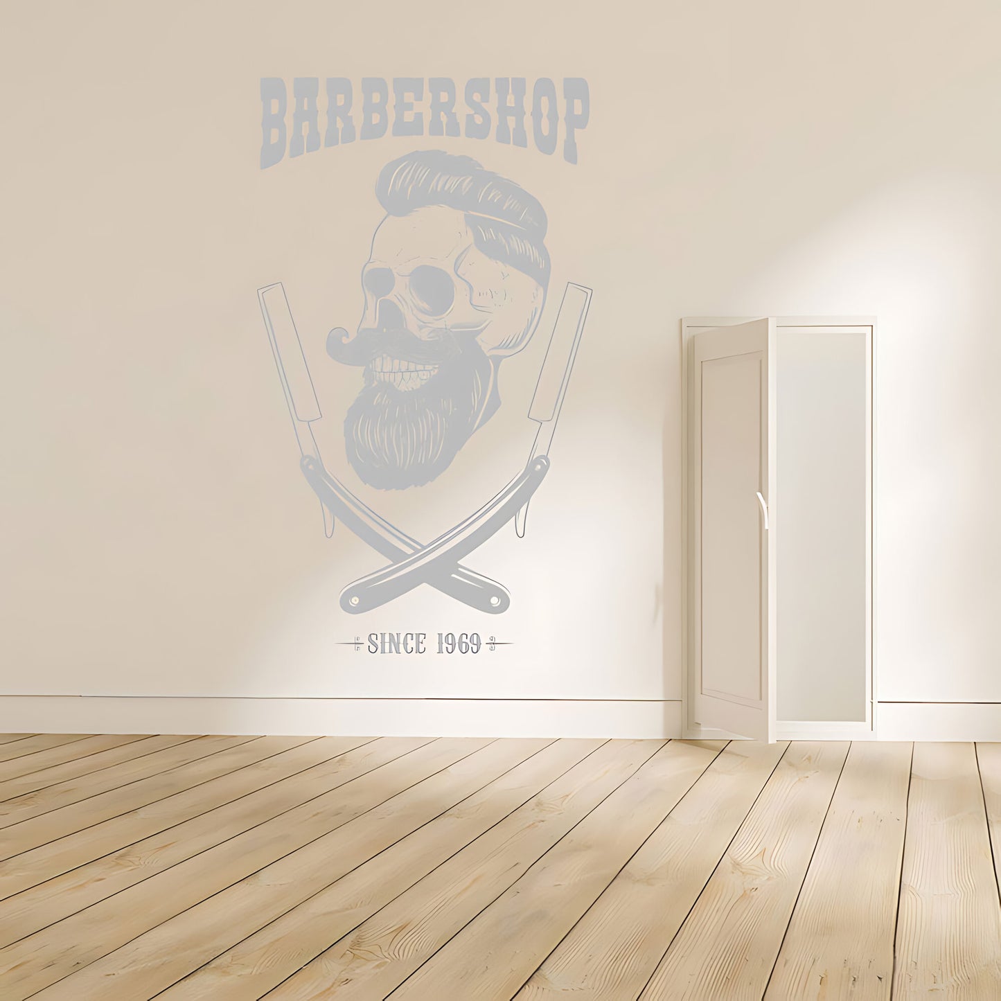 Barbershop Premium Service Wall Sticker – Bearded Man with Tools