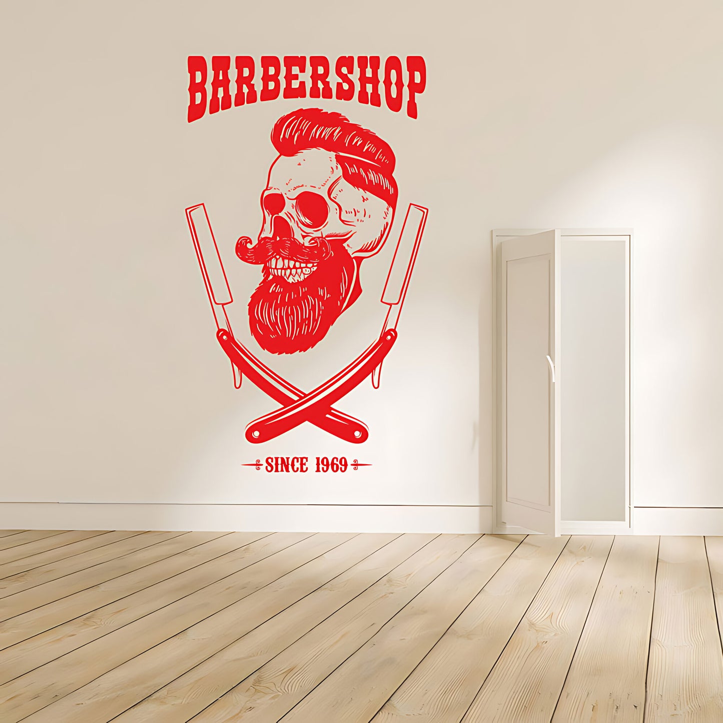 Barbershop Premium Service Wall Sticker – Bearded Man with Tools