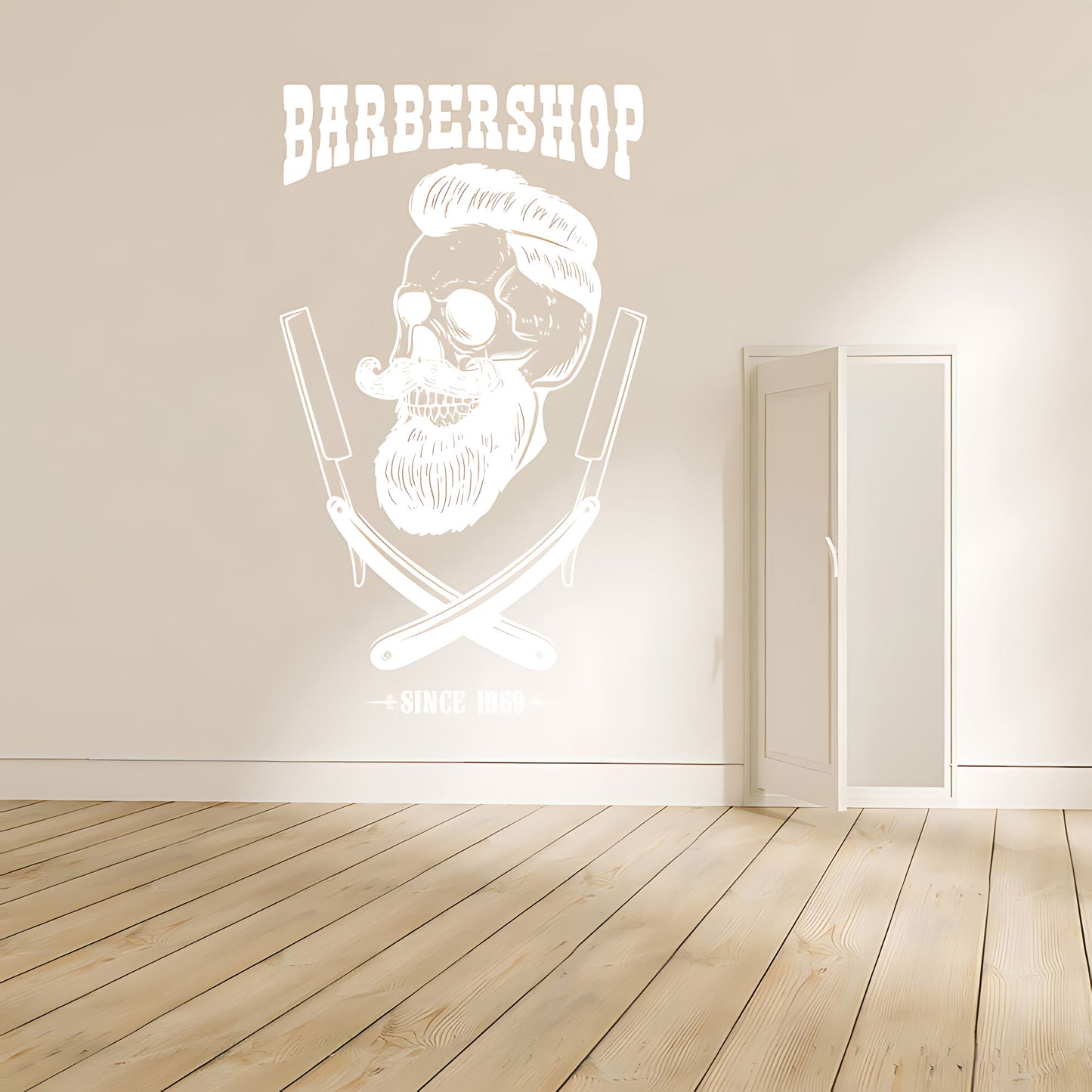 Barbershop Premium Service Wall Sticker – Bearded Man with Tools