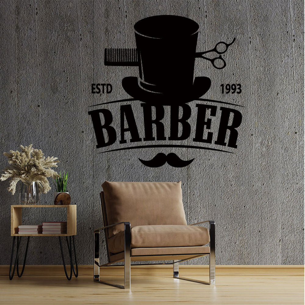 Bespoke Barber Wall Art – Est. Year Top Hat Moustache & Scissors