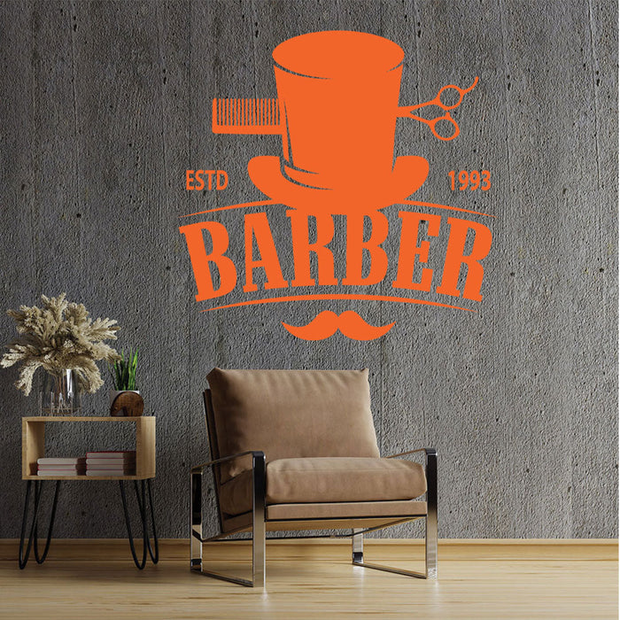 Bespoke Barber Wall Art – Est. Year Top Hat Moustache & Scissors