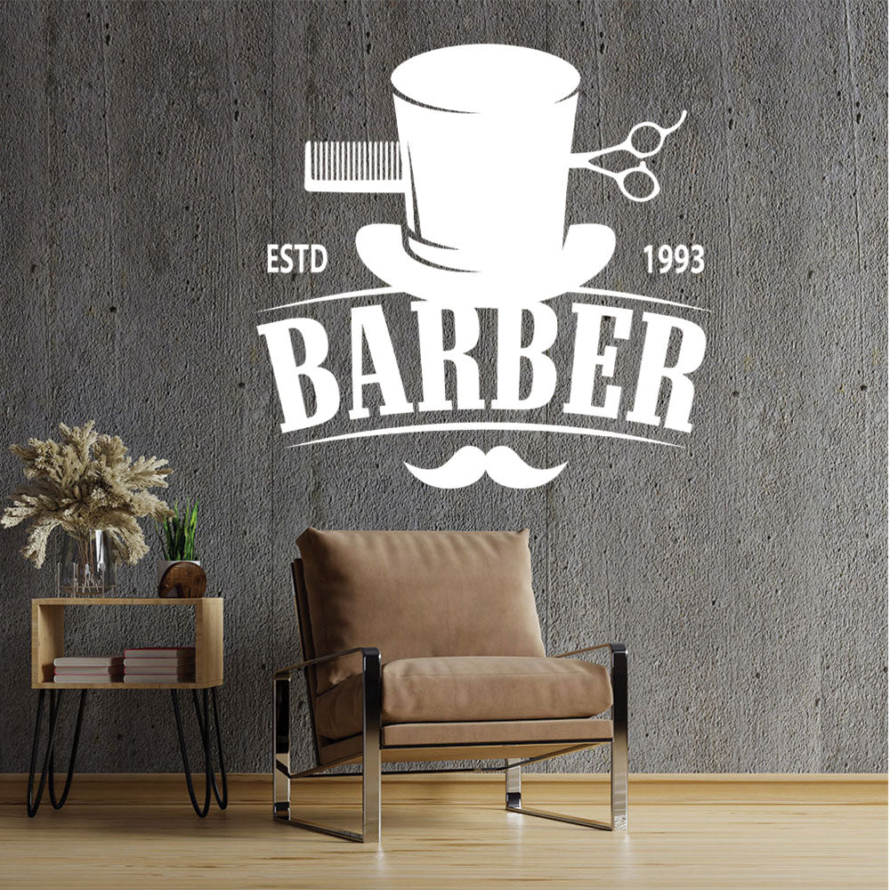Bespoke Barber Wall Art – Est. Year Top Hat Moustache & Scissors