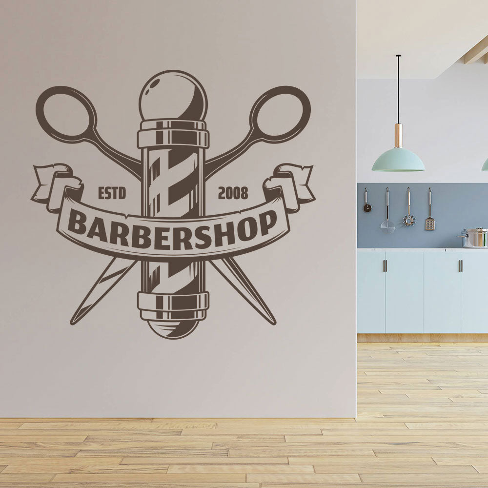 Custom Barbershop Wall Decal – Est. Year Pole & Crossed Scissors