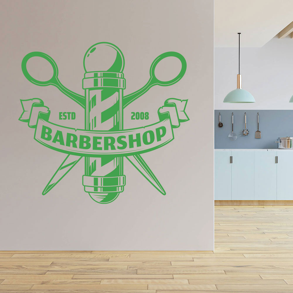 Custom Barbershop Wall Decal – Est. Year Pole & Crossed Scissors