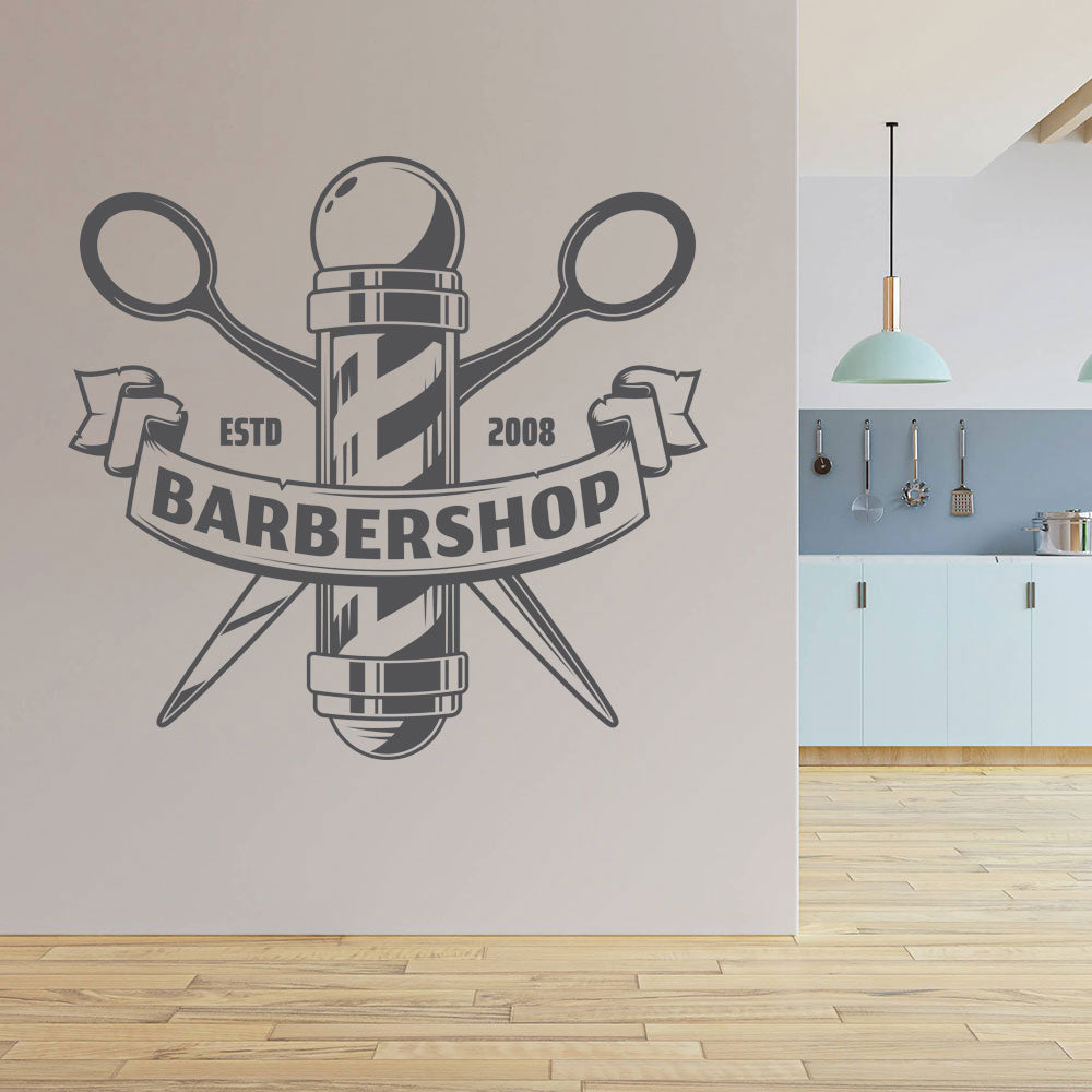 Custom Barbershop Wall Decal – Est. Year Pole & Crossed Scissors
