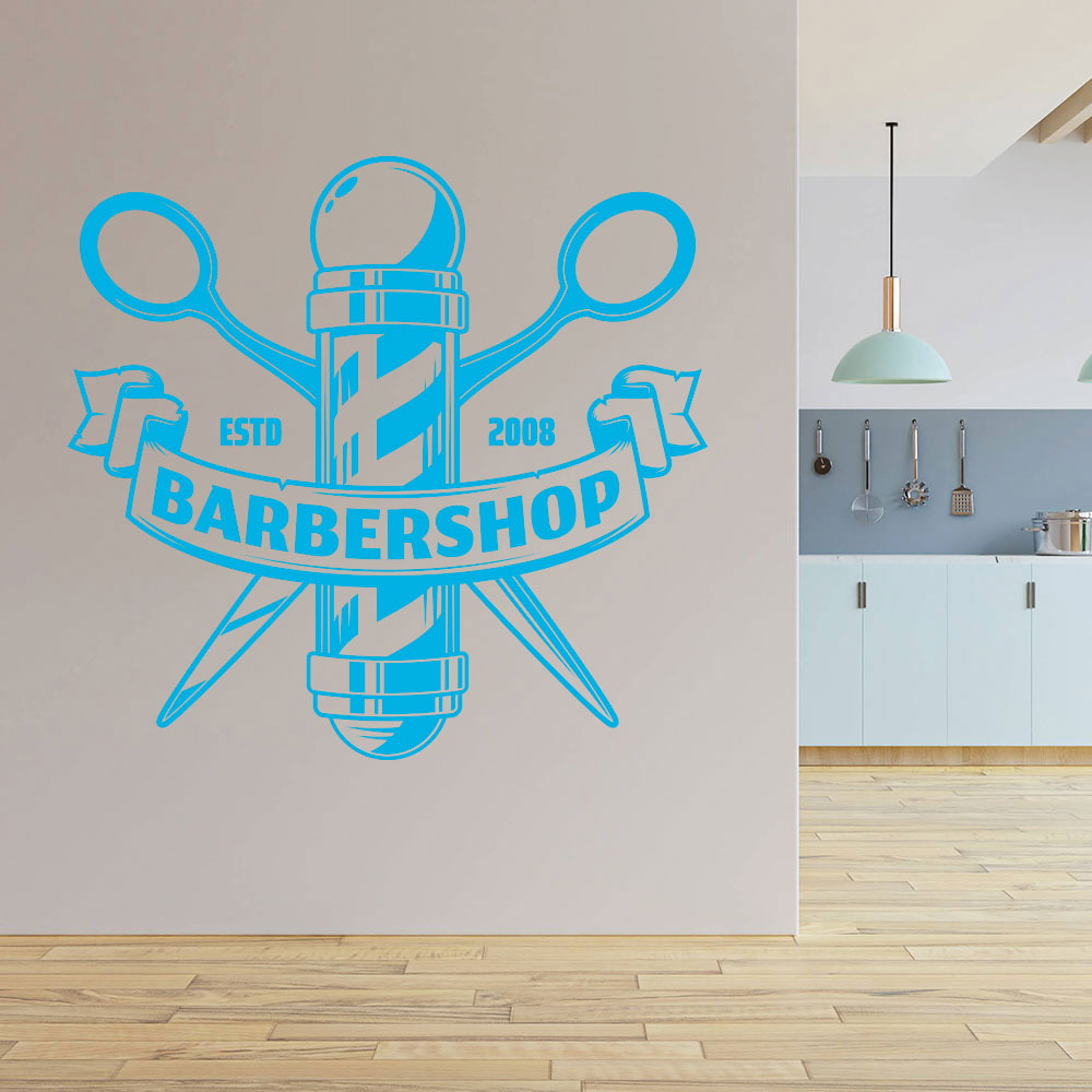 Custom Barbershop Wall Decal – Est. Year Pole & Crossed Scissors