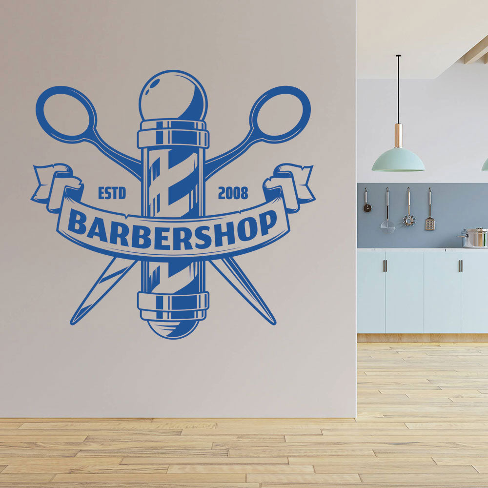 Custom Barbershop Wall Decal – Est. Year Pole & Crossed Scissors