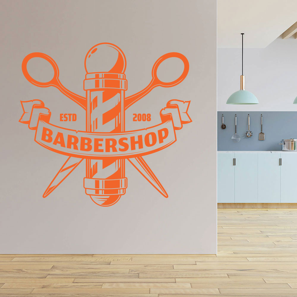 Custom Barbershop Wall Decal – Est. Year Pole & Crossed Scissors