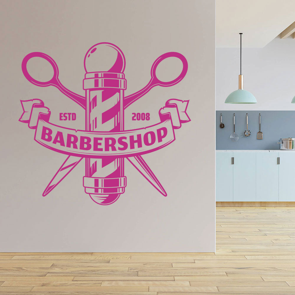 Custom Barbershop Wall Decal – Est. Year Pole & Crossed Scissors