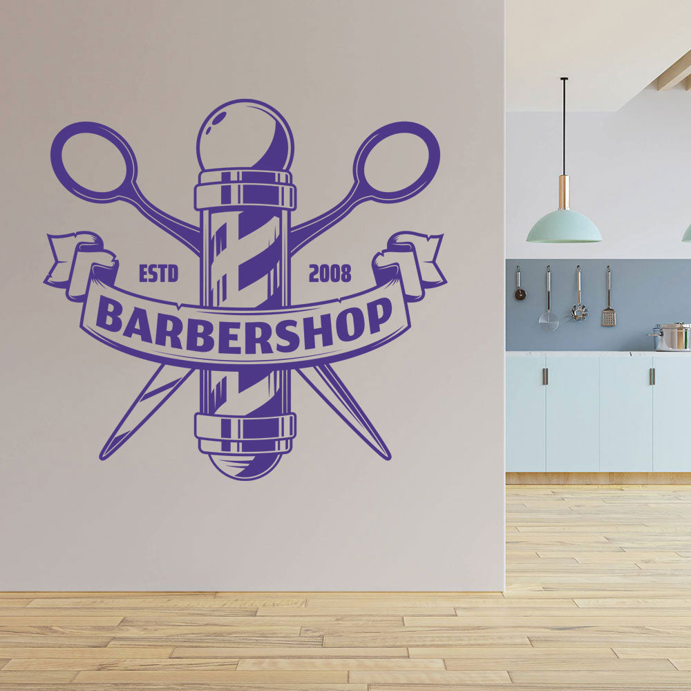 Custom Barbershop Wall Decal – Est. Year Pole & Crossed Scissors
