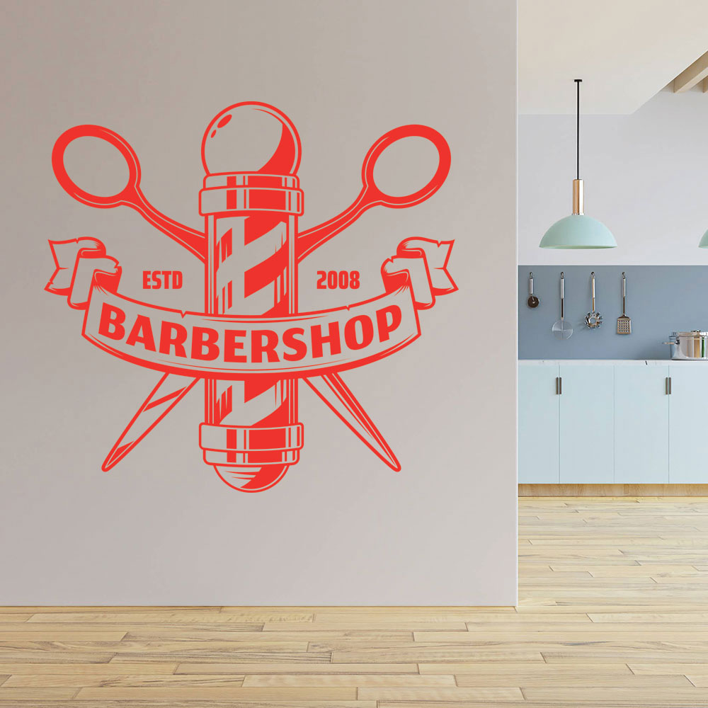 Custom Barbershop Wall Decal – Est. Year Pole & Crossed Scissors