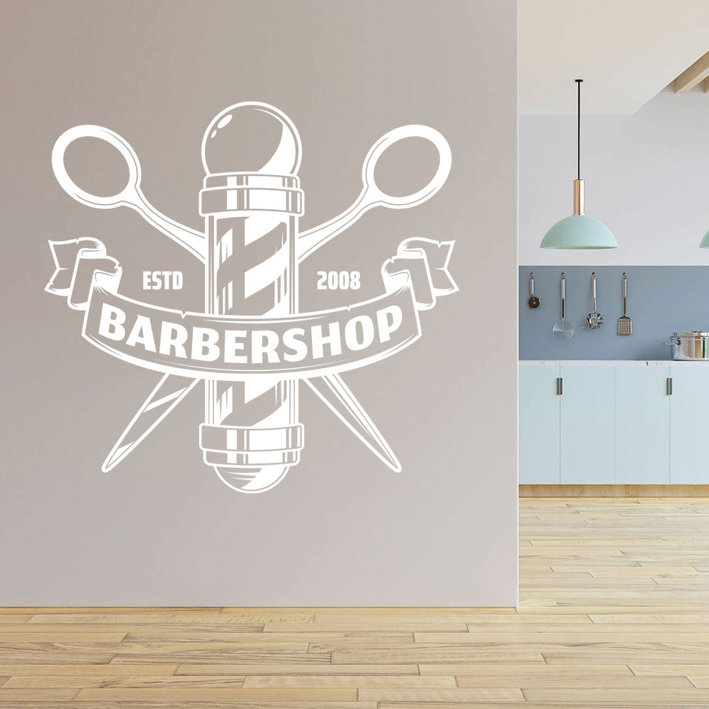 Custom Barbershop Wall Decal – Est. Year Pole & Crossed Scissors