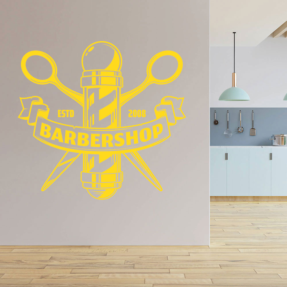 Custom Barbershop Wall Decal – Est. Year Pole & Crossed Scissors