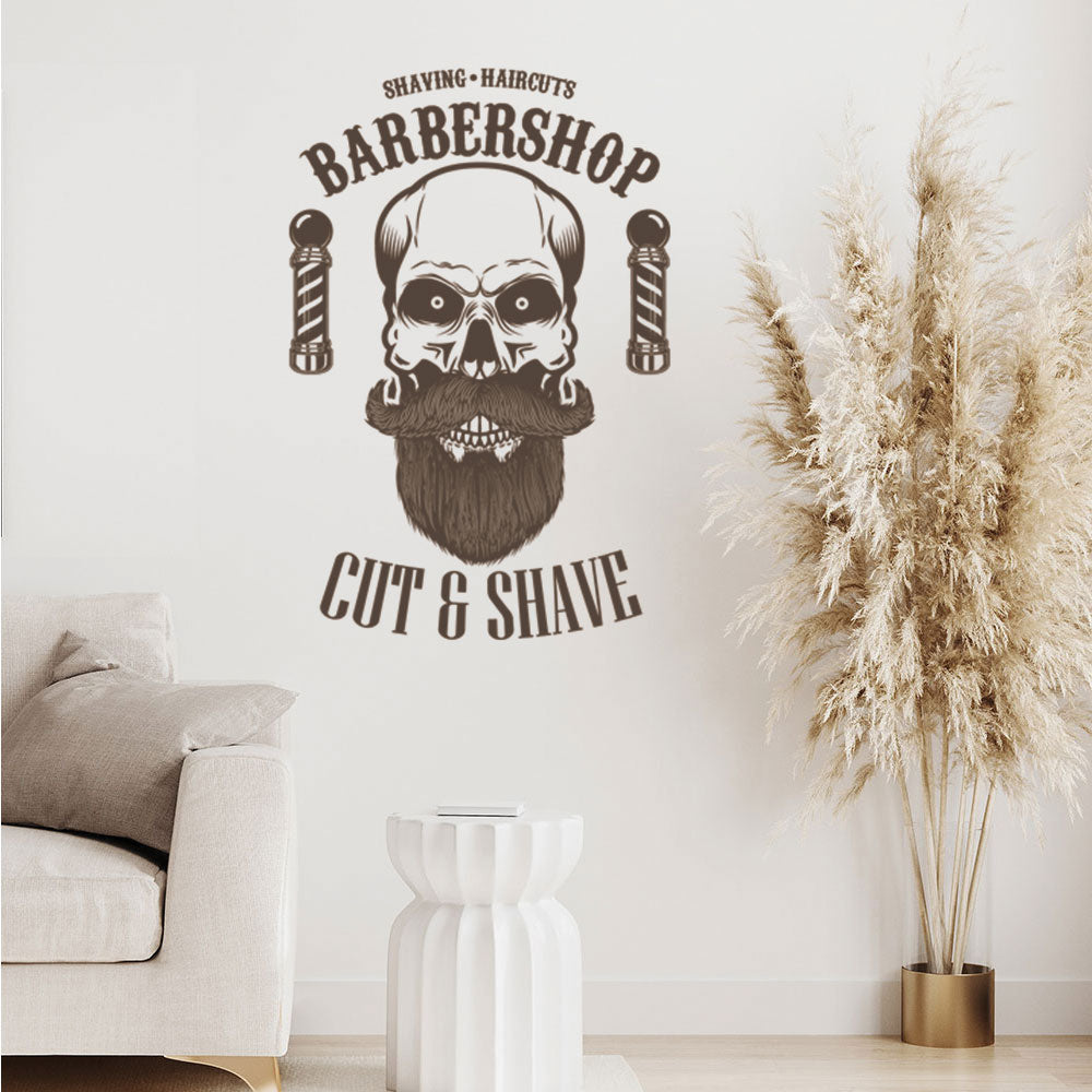Barbershop Cut & Shave Wall Decal – Skull & Barber Poles