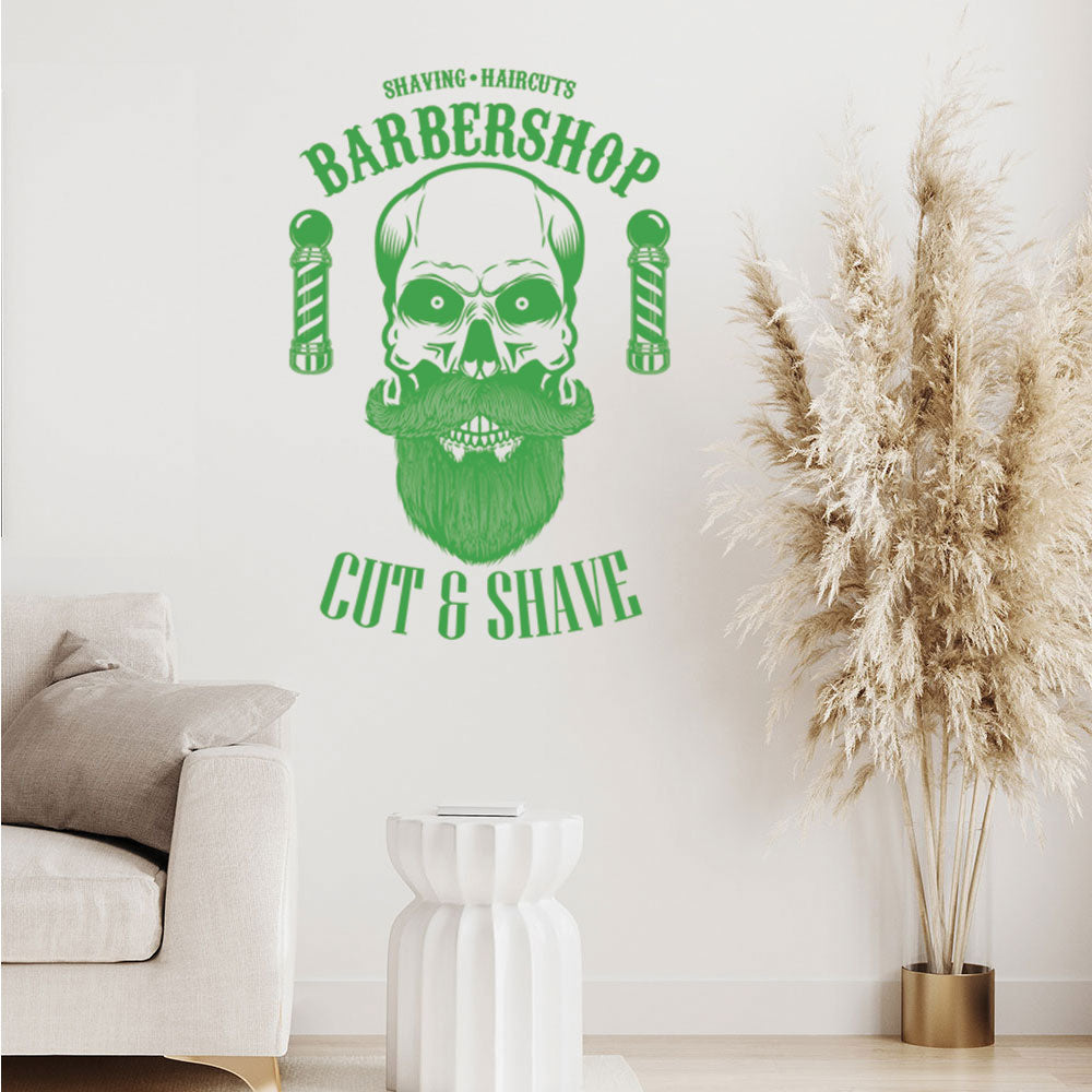 Barbershop Cut & Shave Wall Decal – Skull & Barber Poles