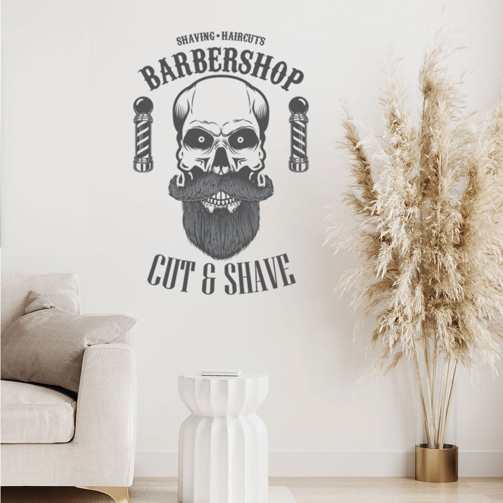 Barbershop Cut & Shave Wall Decal – Skull & Barber Poles