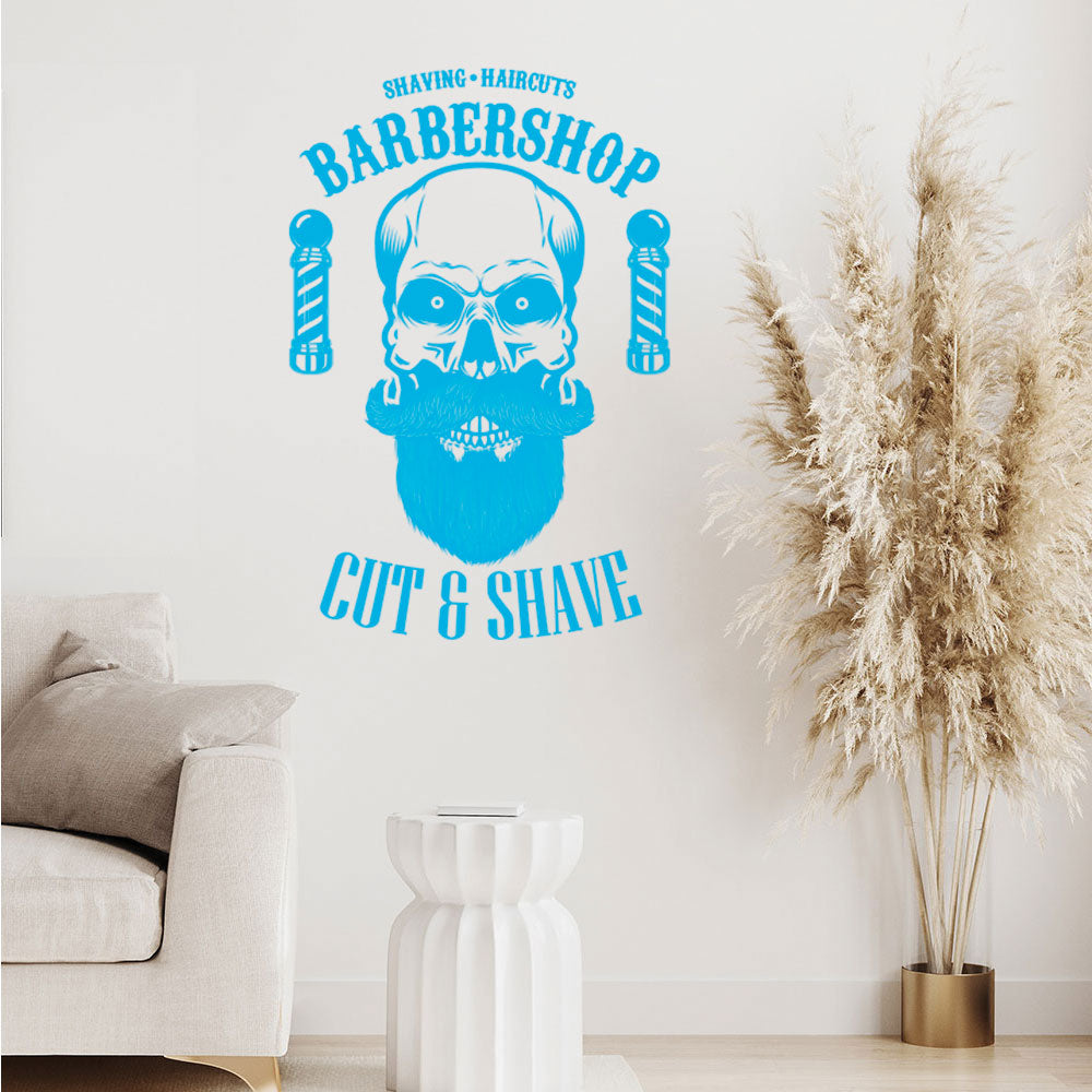 Barbershop Cut & Shave Wall Decal – Skull & Barber Poles