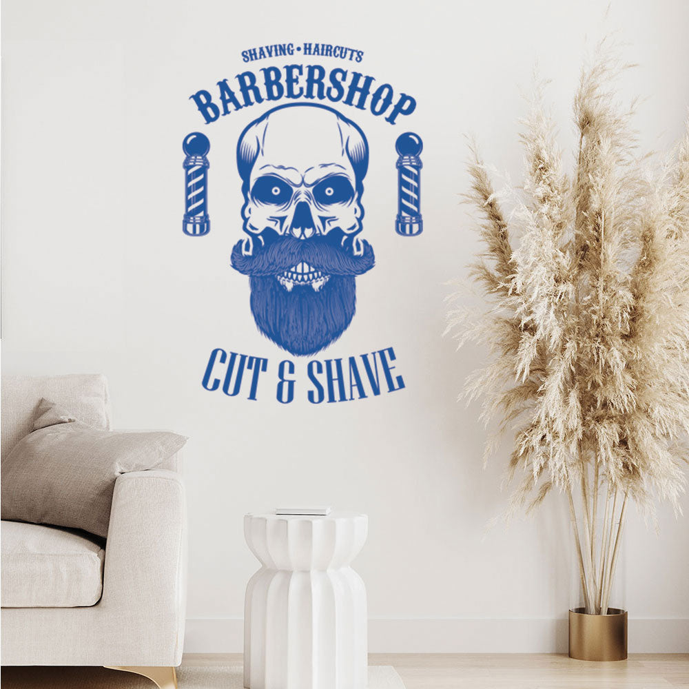 Barbershop Cut & Shave Wall Decal – Skull & Barber Poles