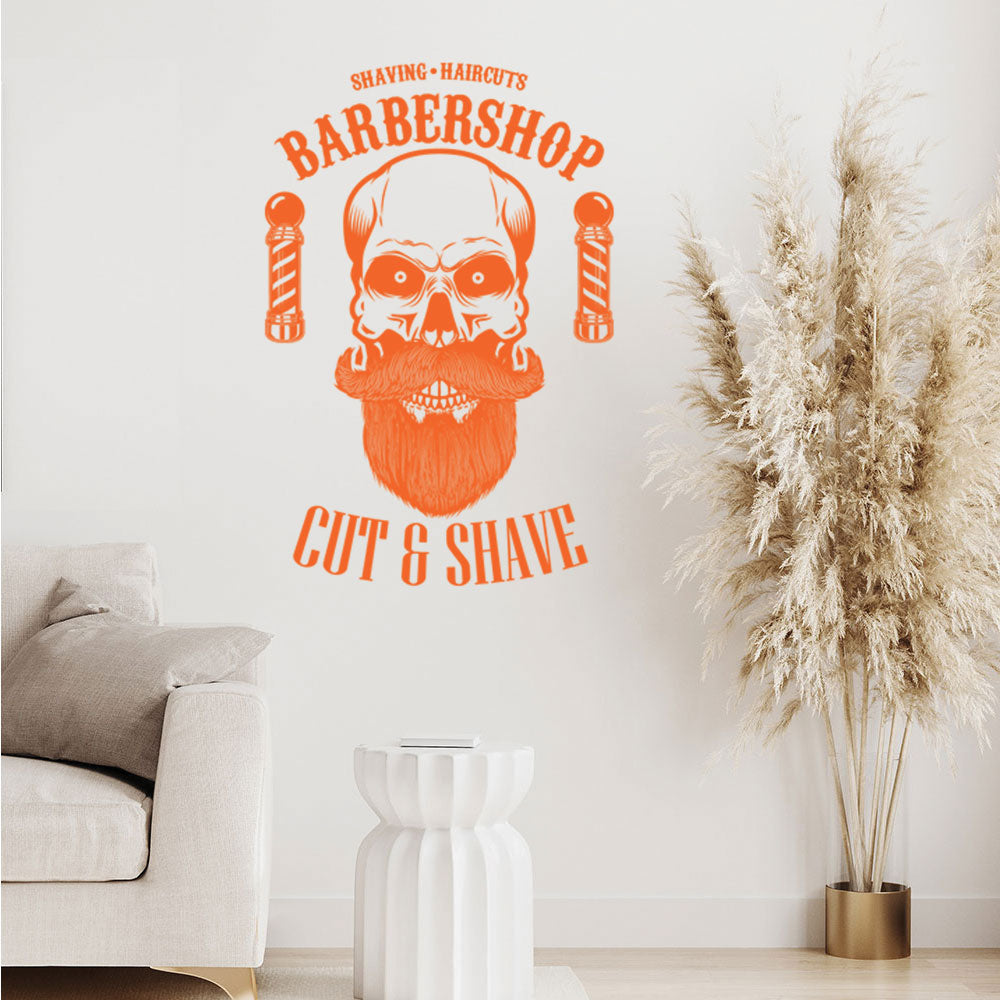 Barbershop Cut & Shave Wall Decal – Skull & Barber Poles