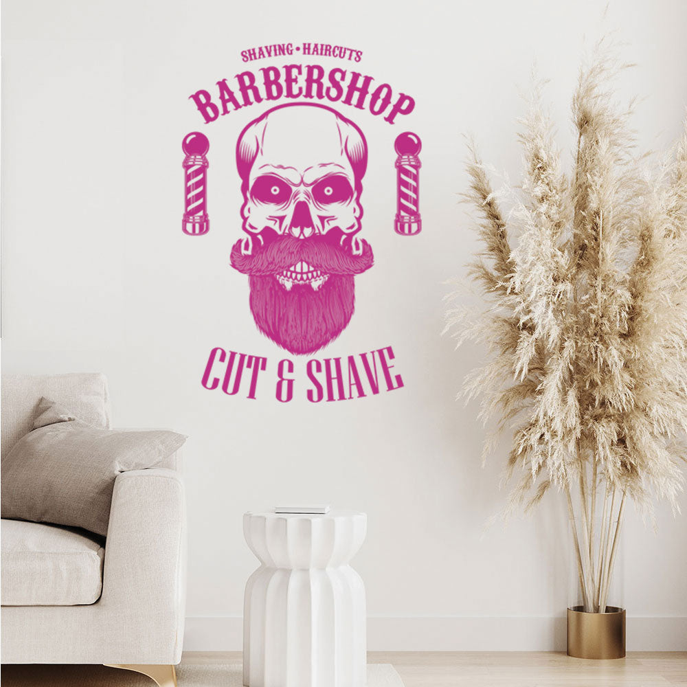Barbershop Cut & Shave Wall Decal – Skull & Barber Poles