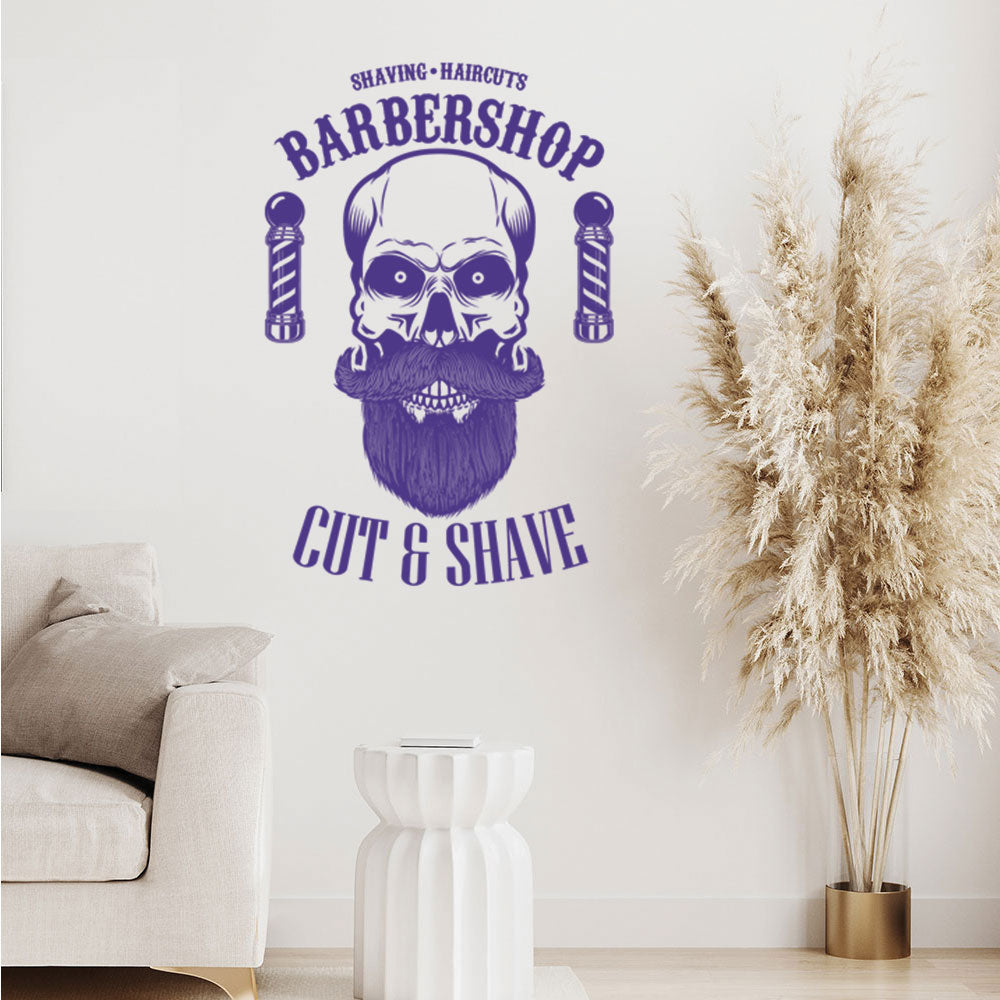 Barbershop Cut & Shave Wall Decal – Skull & Barber Poles